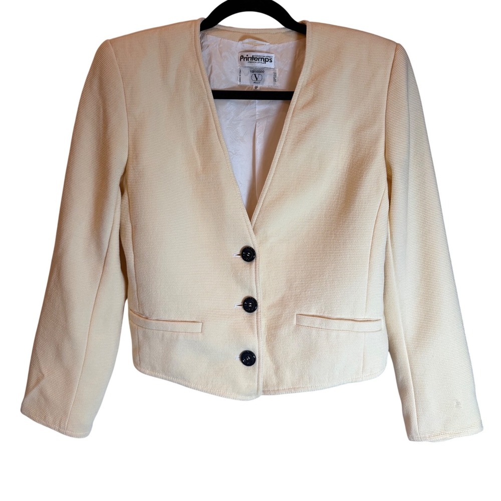 Valentino Miss V Vintage 80s Wool Blazer Cream Cropped Jacket Italy Size 8 42